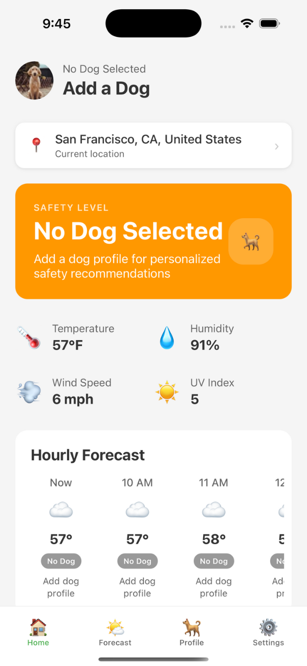 Screenshot of the Paws And Weather app showing dog safety recommendations
