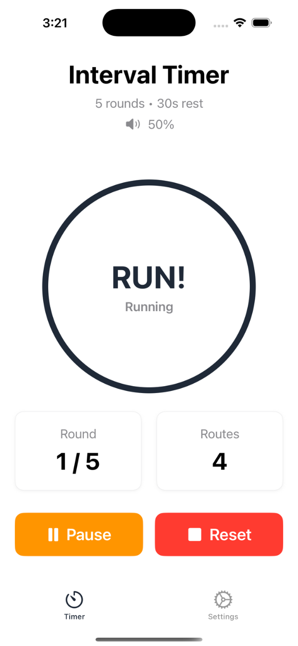 Screenshot of the Route Running Drills app timer screen